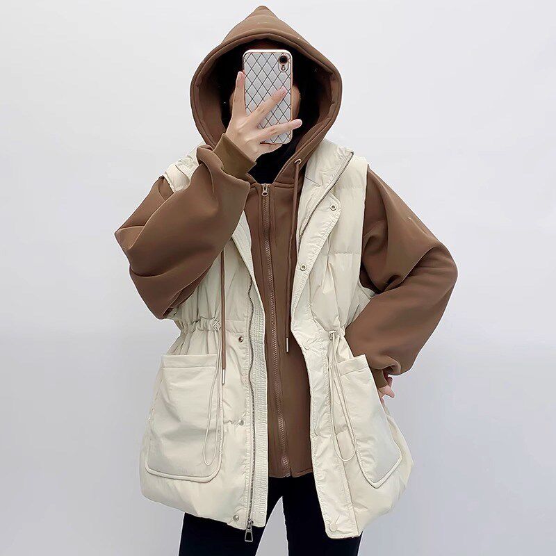 大码女装胖mm马甲假俩件卫衣棉服女秋季休闲宽松连帽面包服外套女