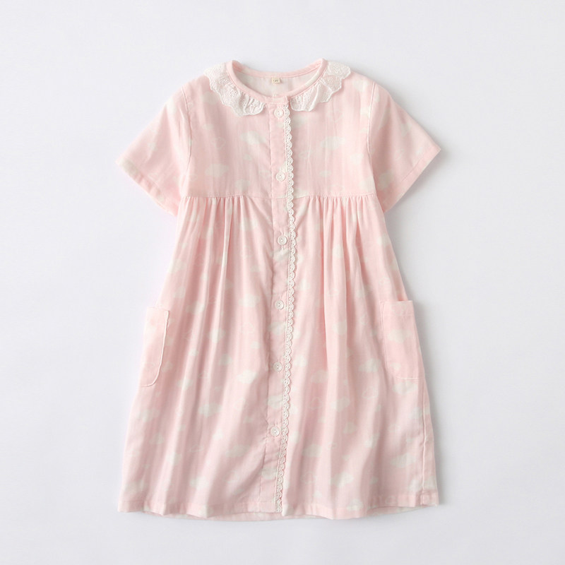 夏季全棉纱布女童短袖睡裙可爱女孩纯棉儿童家居服薄款棉纱睡衣