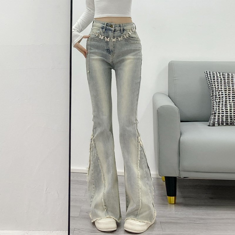 特大码胖mm高腰修身显瘦微喇牛仔裤女复古做旧毛边设计感喇叭裤子