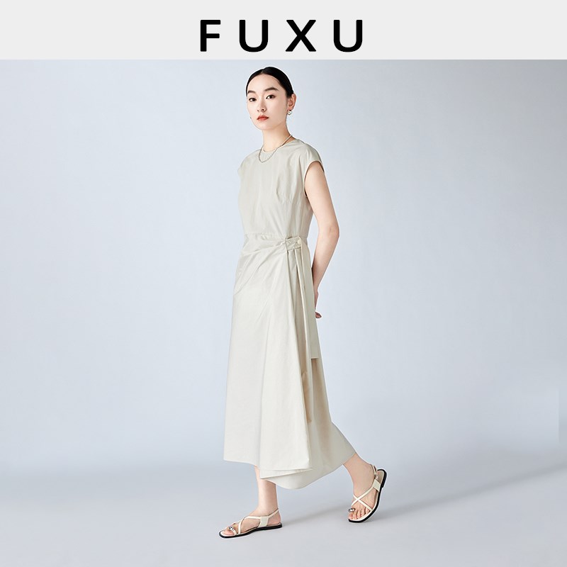 芙蕖FUXU 法式设计感中长款系带棉收腰遮腹显瘦开衩飞袖连衣裙夏