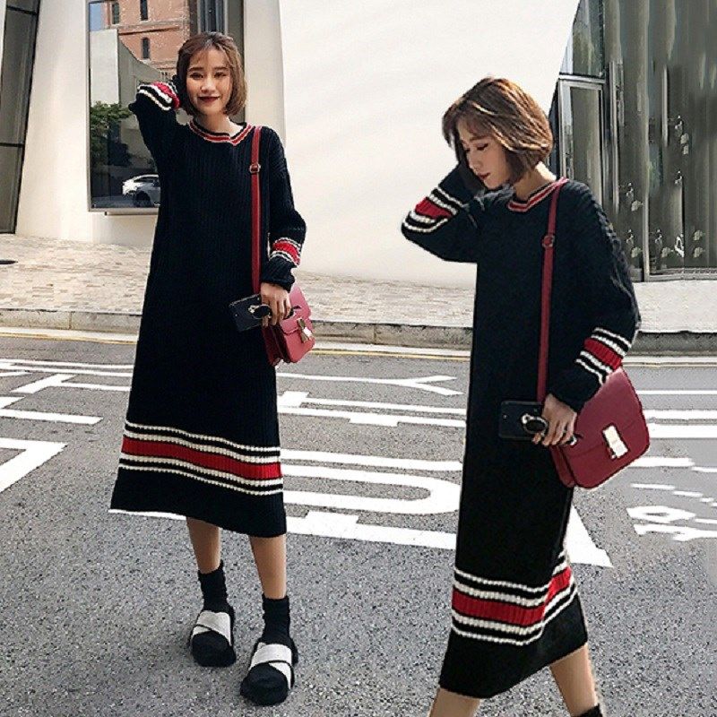 孕妇装春季新款长款毛衣裙过膝外穿韩版宽松P大码针织连衣裙长裙