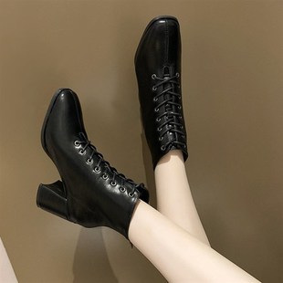 高跟短靴女鞋子2024年秋冬季新款靴F子中跟粗跟绑带瘦瘦女靴马丁