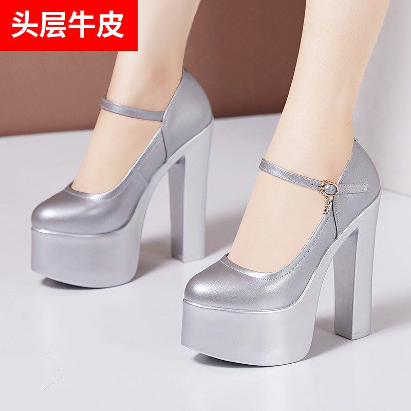 银色真皮尖头T台旗袍走秀高跟防水台粗跟15cm恨天高W演出模特鞋女