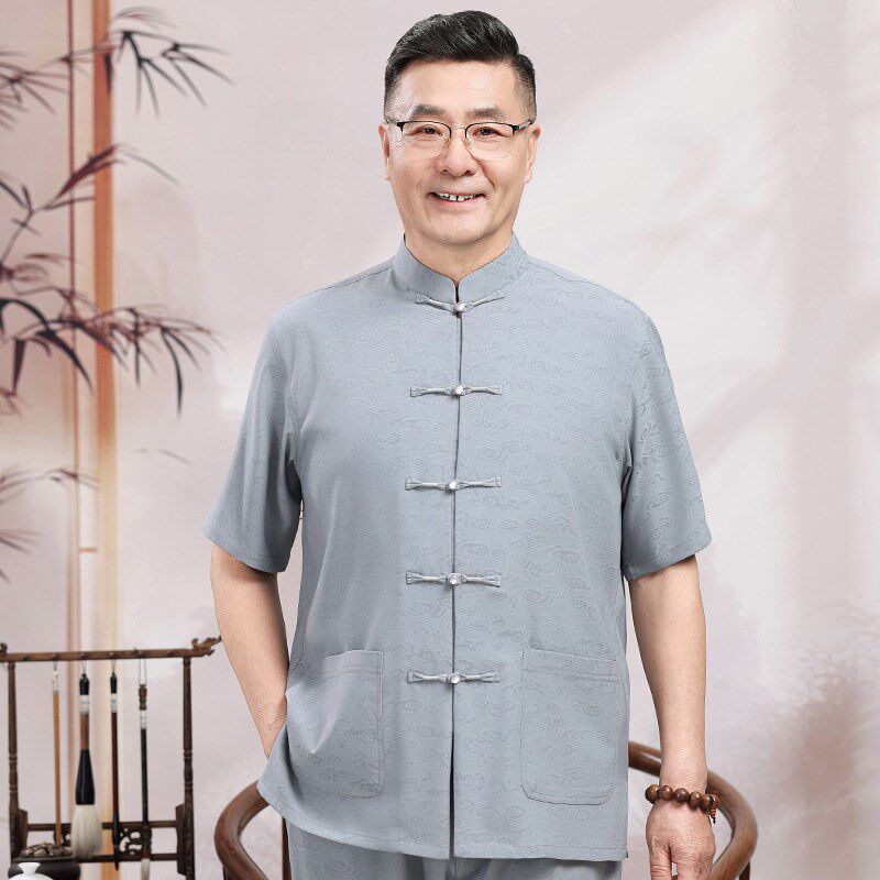 男士唐装中老年短袖套装中式复古薄款中国风爸爸夏季衬衣爷爷衣服