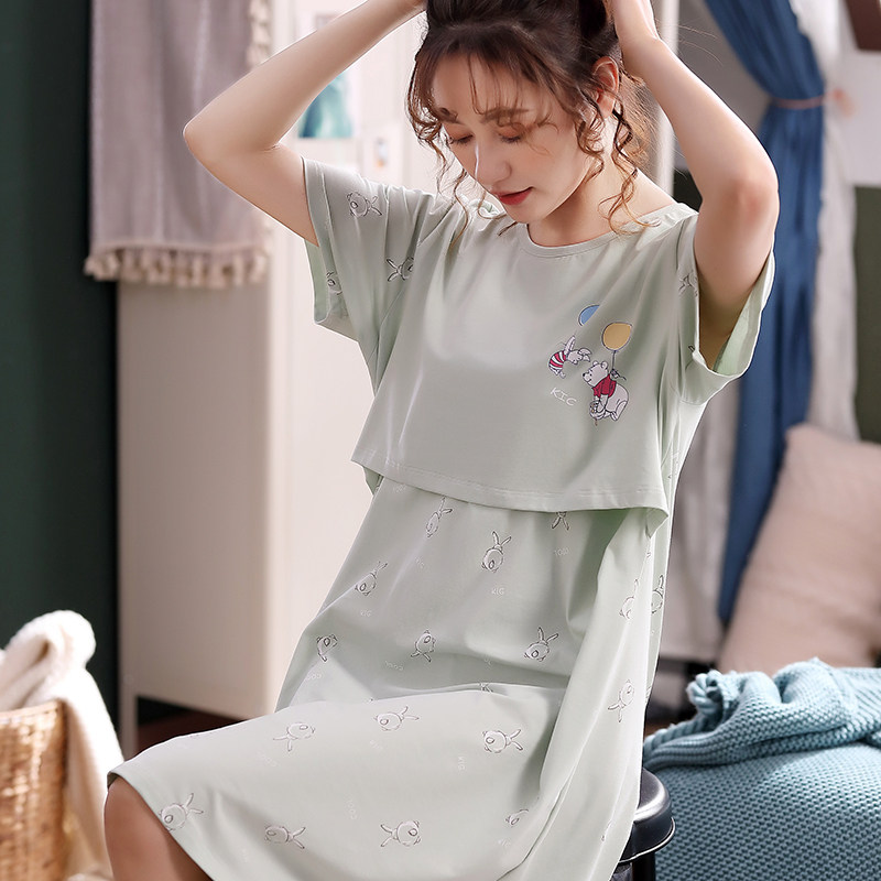 孕妇睡衣夏季薄款哺乳连衣裙宽松短袖产后喂奶衣R哺乳睡裙夏月子