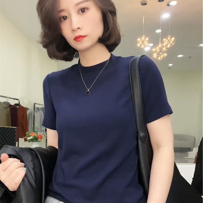 2024夏季新款气质针织衫冰丝短袖女T恤薄款修身半高领上衣洋气潮