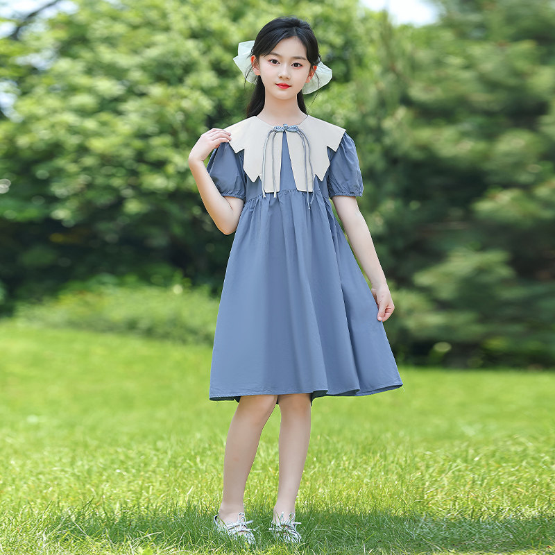 女童夏季连衣裙2025新款女孩洋气儿童中国风赫本学生大童纯棉裙子