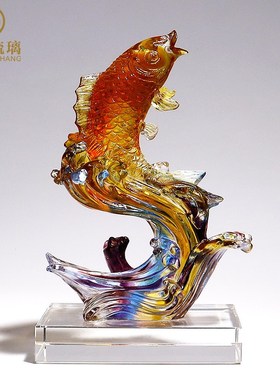 淄博琉璃b富贵一生家居客厅玄关鱼摆件送朋友领导创意大气工艺礼
