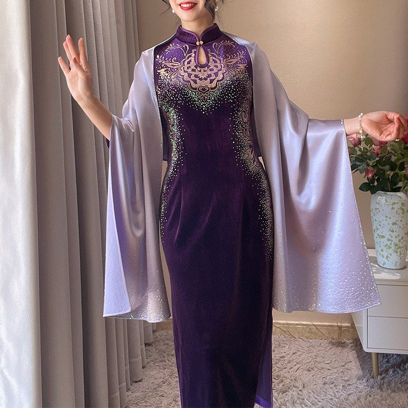 婚礼喜妈妈披肩紫色外搭高端婚宴旗袍婆婆礼服结婚烫钻薄款夏中式