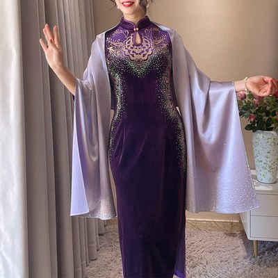 婚礼喜妈妈披肩紫色外搭高端婚宴旗袍婆婆礼服结婚烫钻薄款夏中式