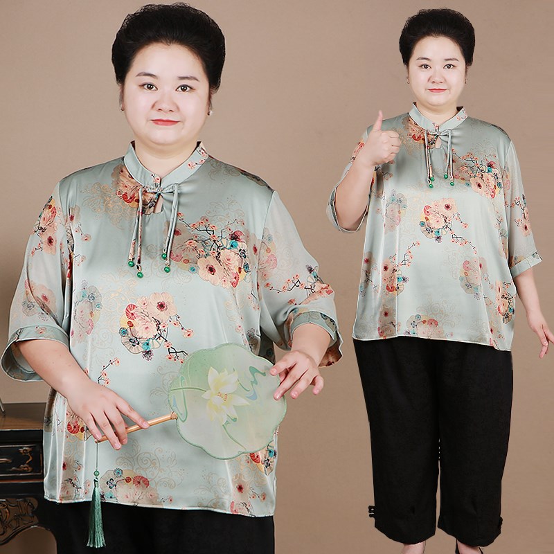 洋气胖妈妈民族风T恤小衫中老年加肥加大码女装宽松遮肚奶奶夏装