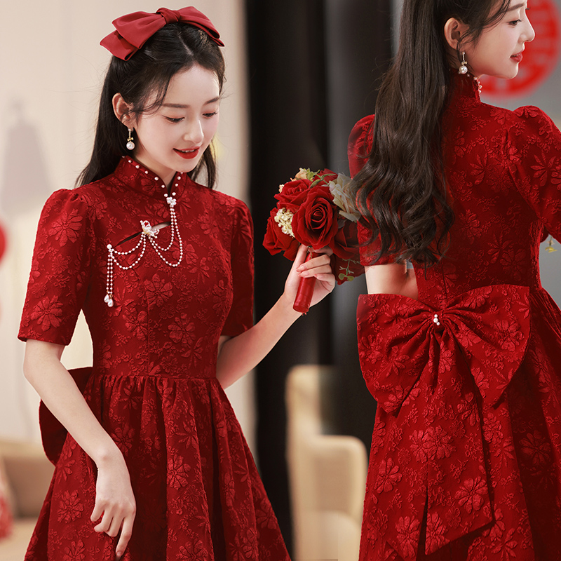 旗袍敬酒服新娘夏季小个子酒红色订婚礼服裙中式回门女复古改良版