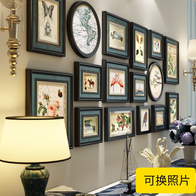 美式实木照片墙欧式复古s餐厅相框挂墙客厅背景墙组合画别墅装饰图片