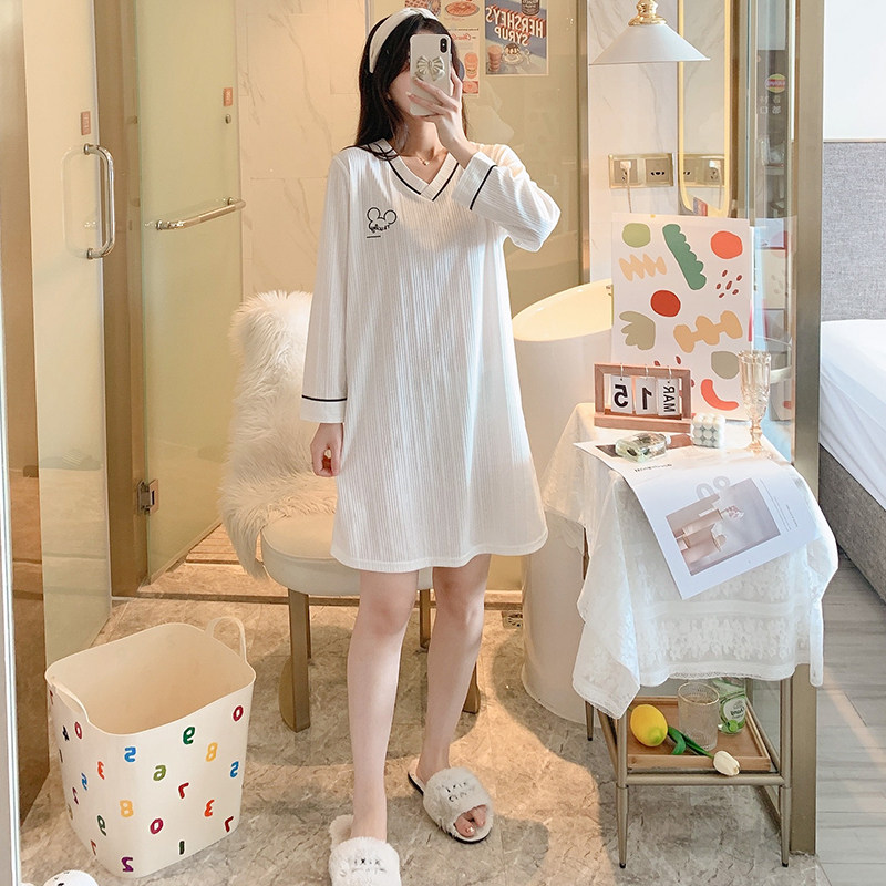 秋季睡裙女春秋款长袖纯棉可爱韩版2022K年新款v领白睡衣裙家居服