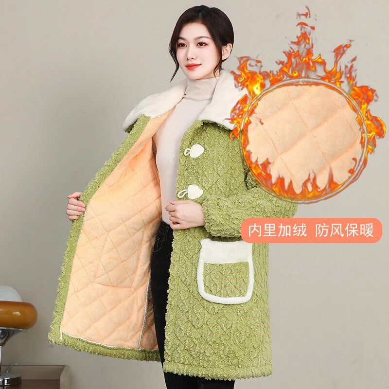 罩衣女冬季加绒加厚中长款成人长袖工作棉服保暖新款棉袄围裙大码