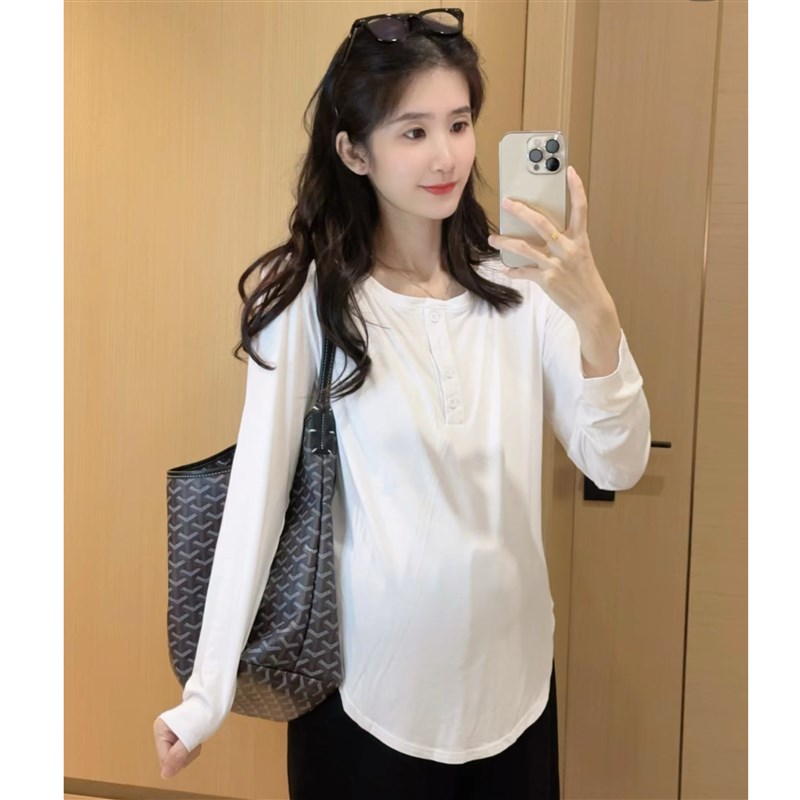 孕妇早秋新款不规则上衣韩版设计薄款防晒长袖T恤宽松上衣打底衫