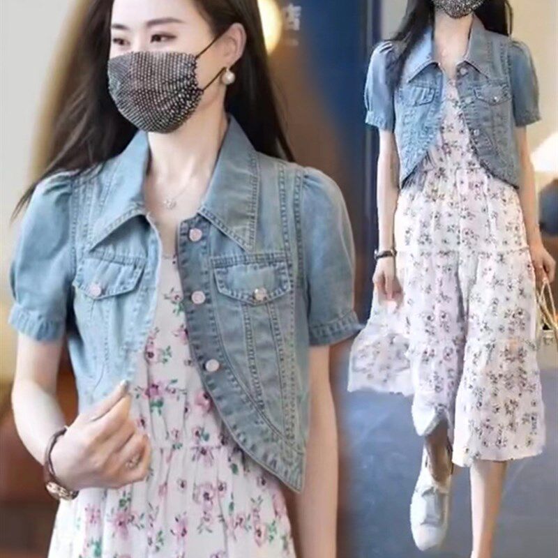 短袖牛仔外套女短款夏季新款宽松显瘦蓝色百搭小坎肩外搭上衣薄款