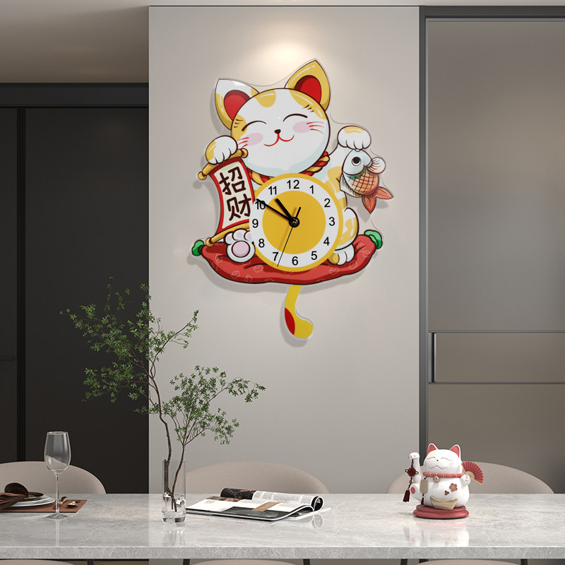 创意钟表挂钟客厅家用时尚招财猫办D公室网红静音挂壁免打孔石英
