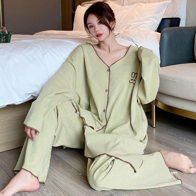大码睡衣a套装女200斤胖mm秋季纯棉长袖长裤两件套家居服加肥加大