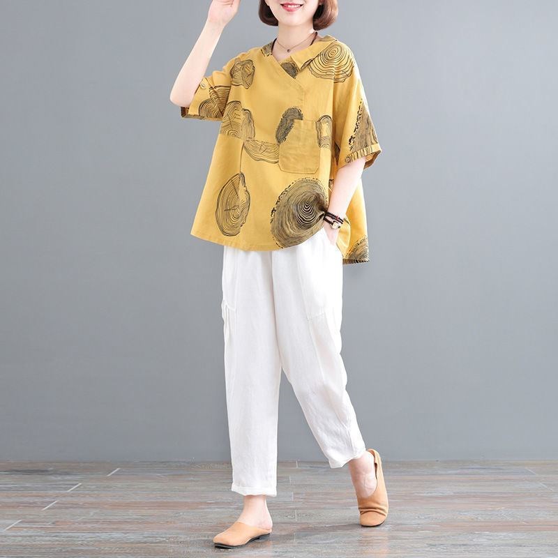 中老年女装妈妈夏装棉麻套装2025年新款大码一整套洋气印花两件装