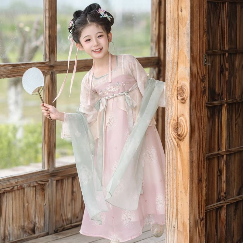 软纱女童汉服2023新款儿童超仙古风唐装连衣裙小女孩刺绣襦裙古装
