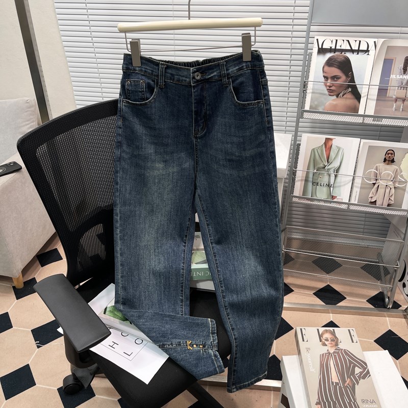 胡子叔大码女高腰牛仔裤春秋新款胖mm弹力显瘦哈伦休闲直筒烟管裤