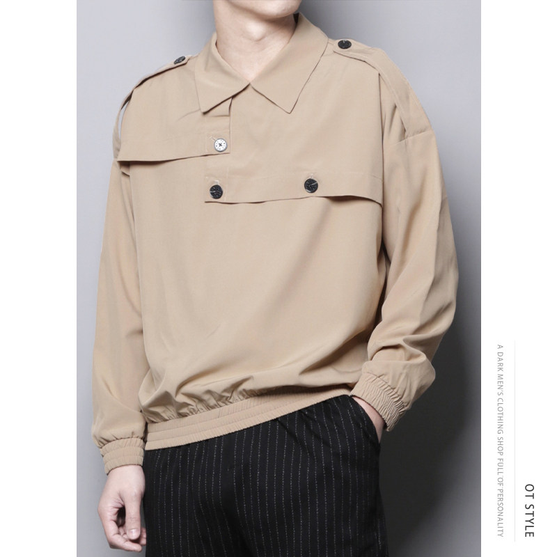 秋季网红男装潮牌设计高级感翻领卡其色套头大尺码长袖衬衫卫衣衬