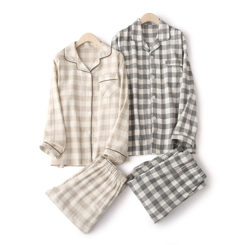 睡衣女纯c棉磨毛绒布日系格纹情侣居家服秋冬日式春秋男格子家居