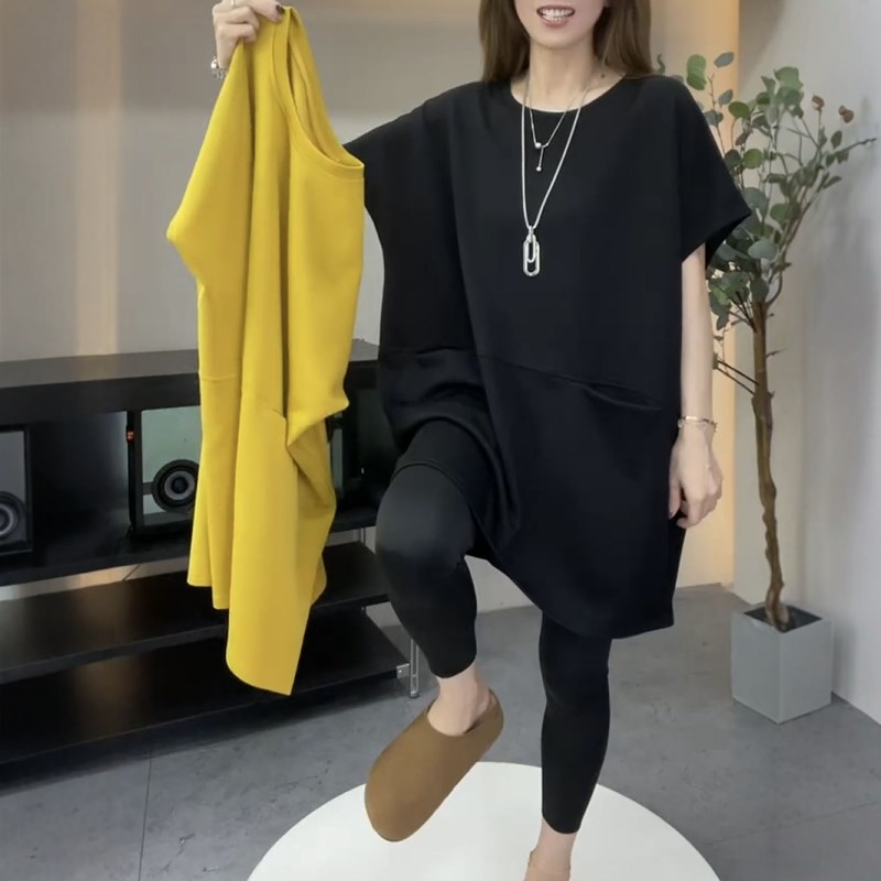欧货2025新款显瘦百搭圆领短袖T恤女宽松休闲纯色中长款打底上衣