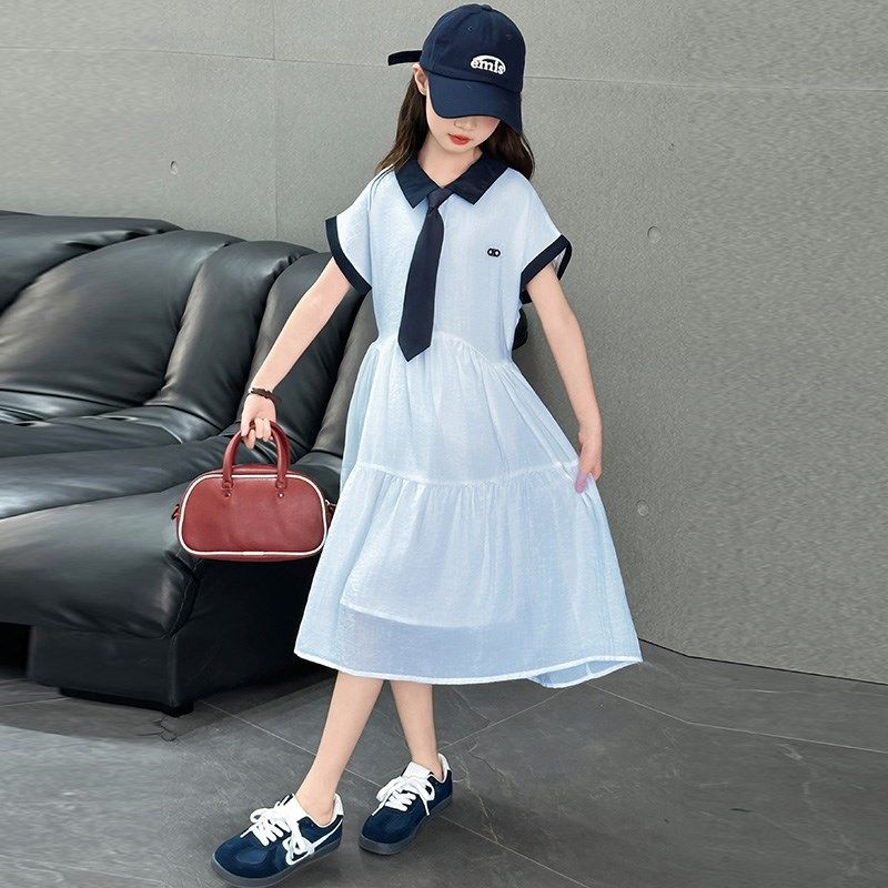 女童连衣裙夏季薄款2025新款蓝白色学院风儿童裙子小女孩收腰大童