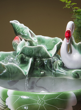 客厅风水轮招财流水喷泉天鹅摆件水景加湿器鱼缸酒柜装饰结婚礼物