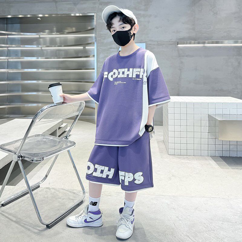 男童时尚休闲运动短袖套装2025新款夏装儿童男孩子字母拼色两件套