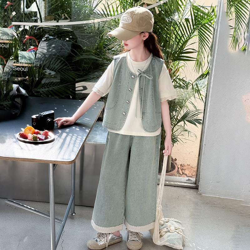 女童夏季短袖套装新款女孩夏装衣服儿童牛仔坎肩马甲阔腿裤三件套