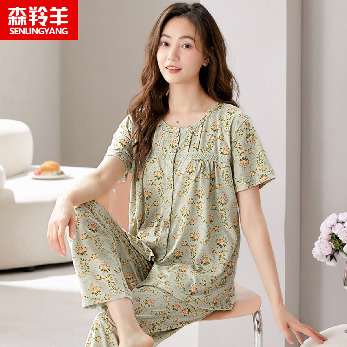中老年人妈妈短袖长裤开衫纯棉睡衣女款夏季O薄款可外穿家居服套