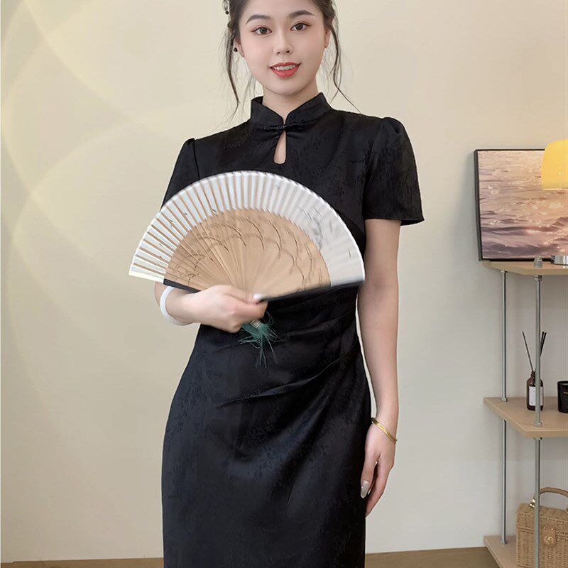 2024夏季新款大码女装胖mm复古国风改良旗袍连衣裙黑色显瘦中长裙