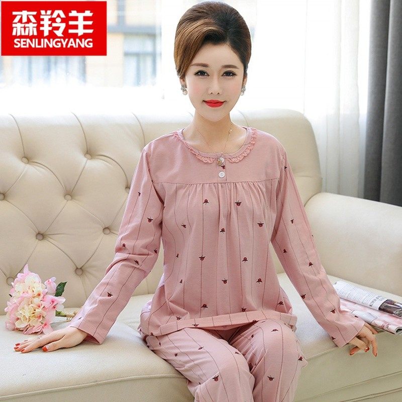 中年妈妈纯棉睡衣l女春秋长袖全棉家居服秋季中老年妇女款套头套