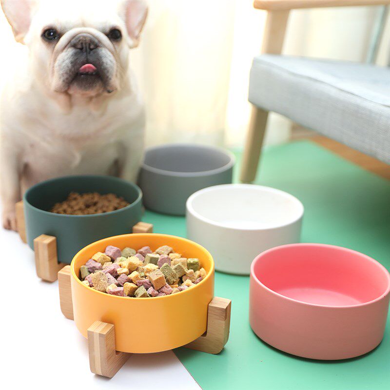 猫食盆狗食盘法斗狗碗狗狗陶瓷饭碗喝水碗木竹架狗狗猫咪宠物用品