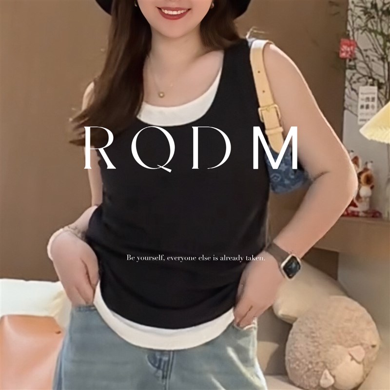 大码女装2025夏季新款胖妹妹拼色简约高级假两件背心内搭外搭上衣
