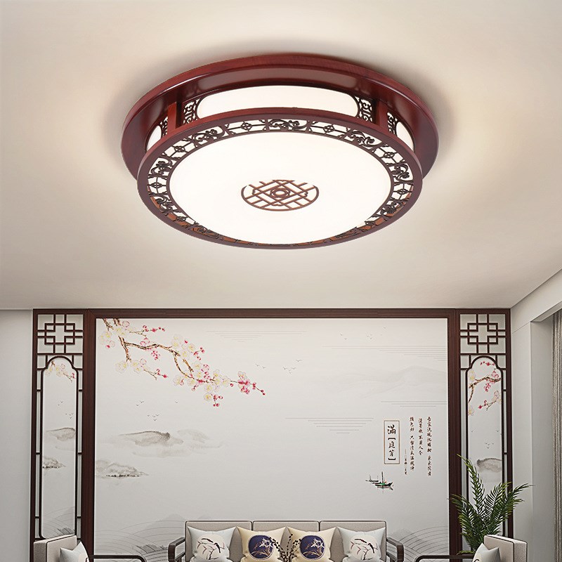 中式吸顶灯圆形led客厅灯餐厅卧z室书房灯羊皮灯实木吸顶灯具9101