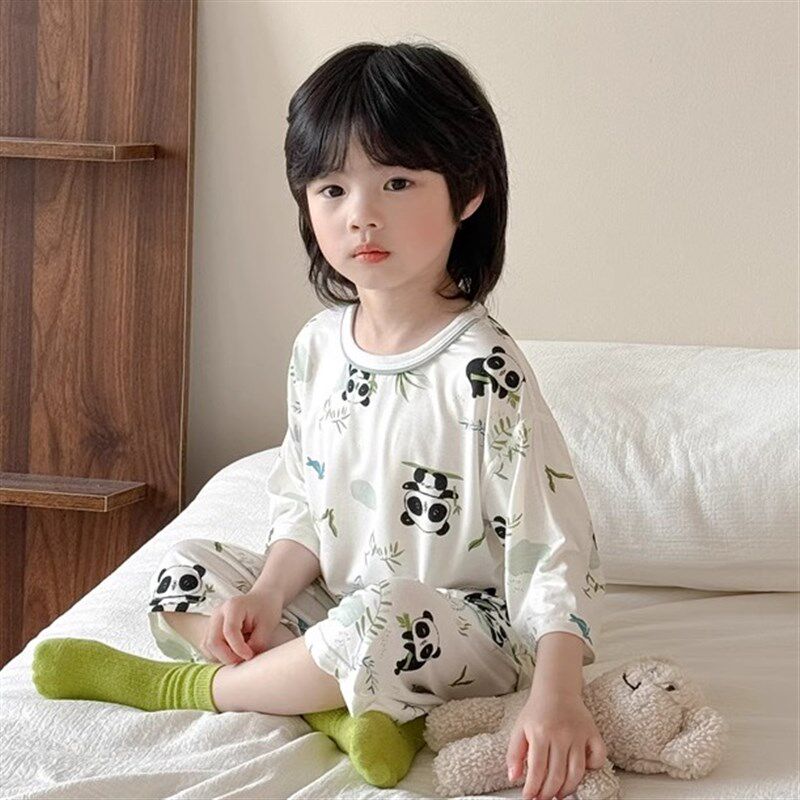 儿童睡衣夏季薄款男童七分袖夏天宝宝冰丝空调服女童家居服套装