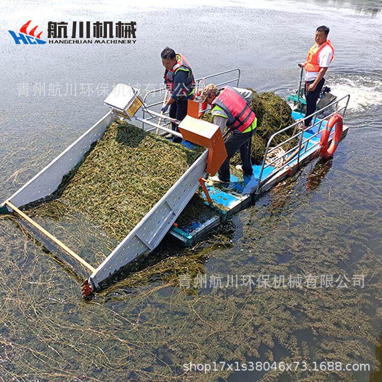 航船川机河道割草水草水浮IXP莲打面捞船河械清理船运输全自动割