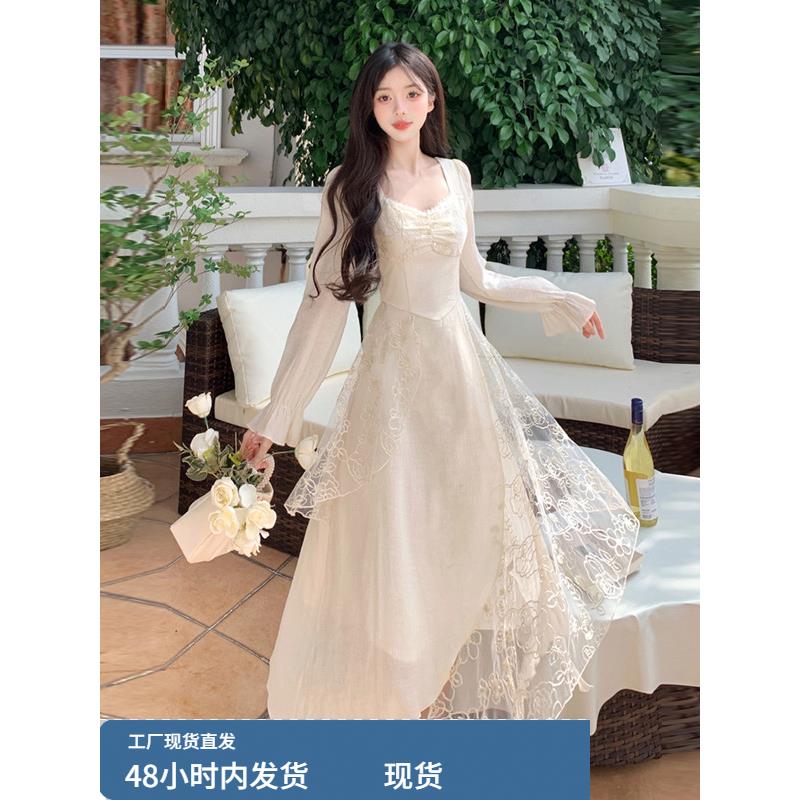 新中式长袖连衣裙女2025秋季胖mm高级感气质收腰显瘦不规则长裙子