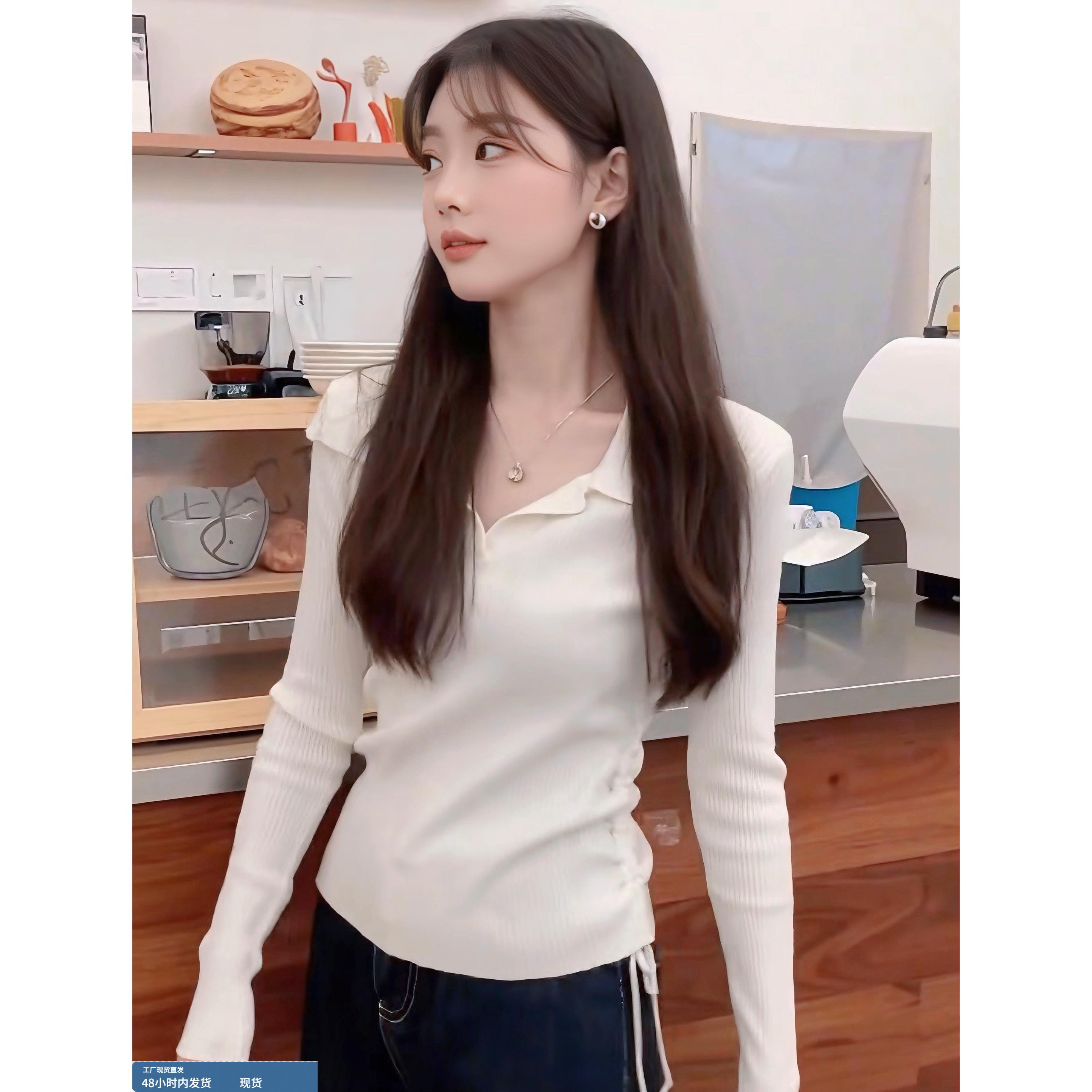 巨好看的早秋穿搭polo领抽绳针织打底衫内搭毛衣女秋冬独特上衣