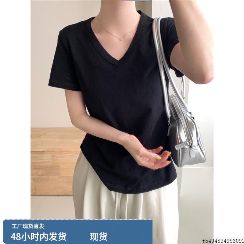 超显瘦V领正肩短袖t恤女春夏季2025新款舒适棉质宽松休闲短袖上衣