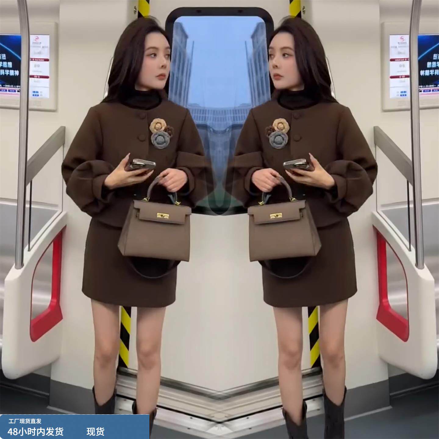 名媛气质时尚套装裙女2025冬季新款灯笼袖圆领毛呢外套显瘦半身裙