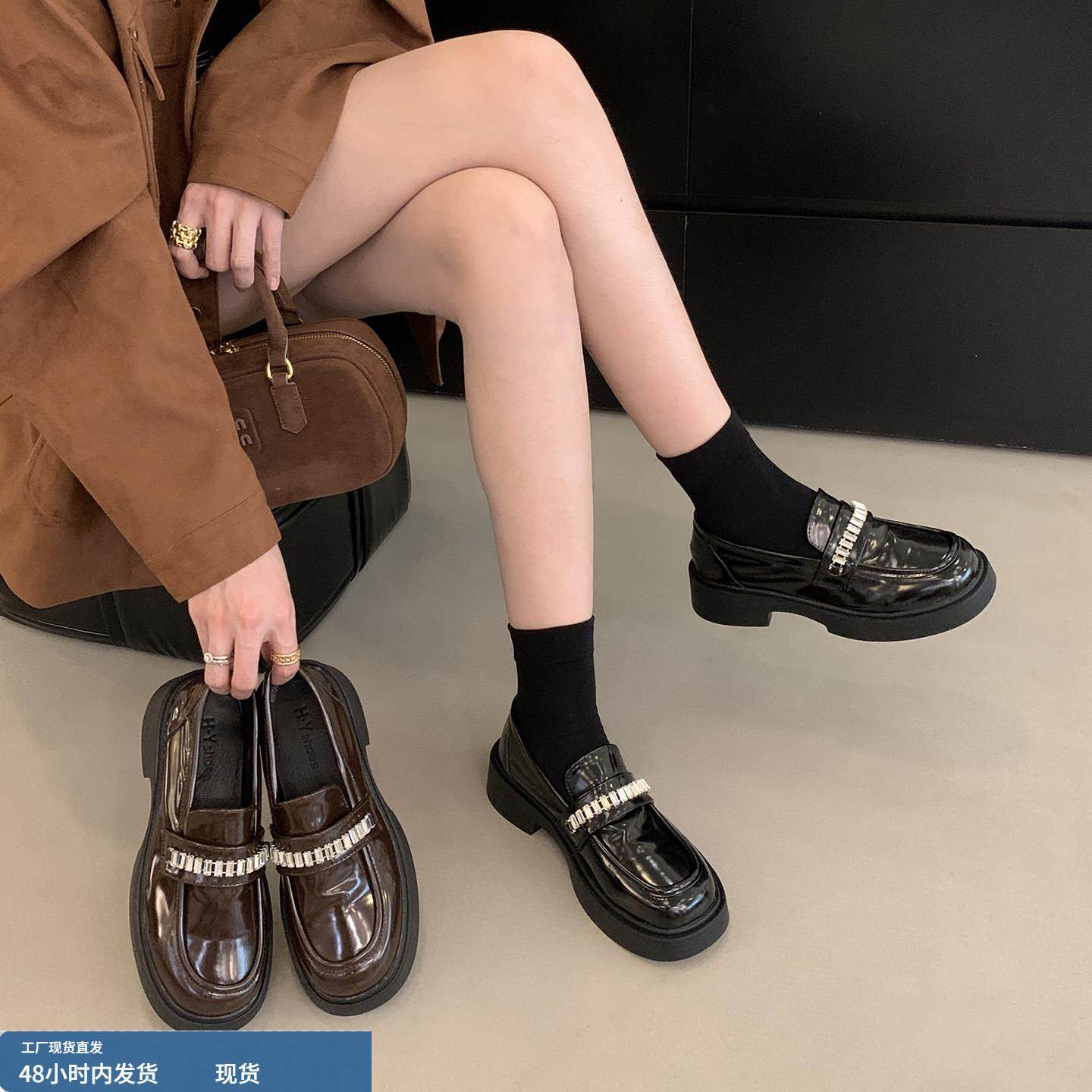 英伦风厚底水钻乐福鞋女2025夏季新款百搭一脚蹬小皮鞋日系jk单鞋