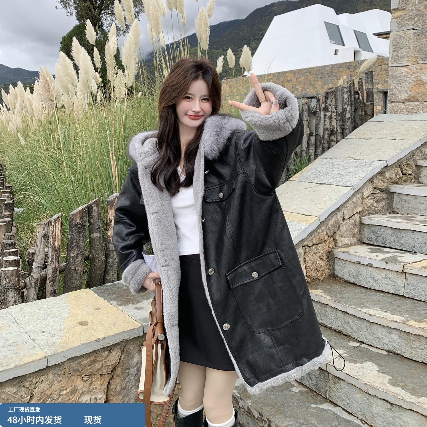 黑色美式中长款连帽皮毛一体外套女冬季2025新款加绒加厚保暖大衣