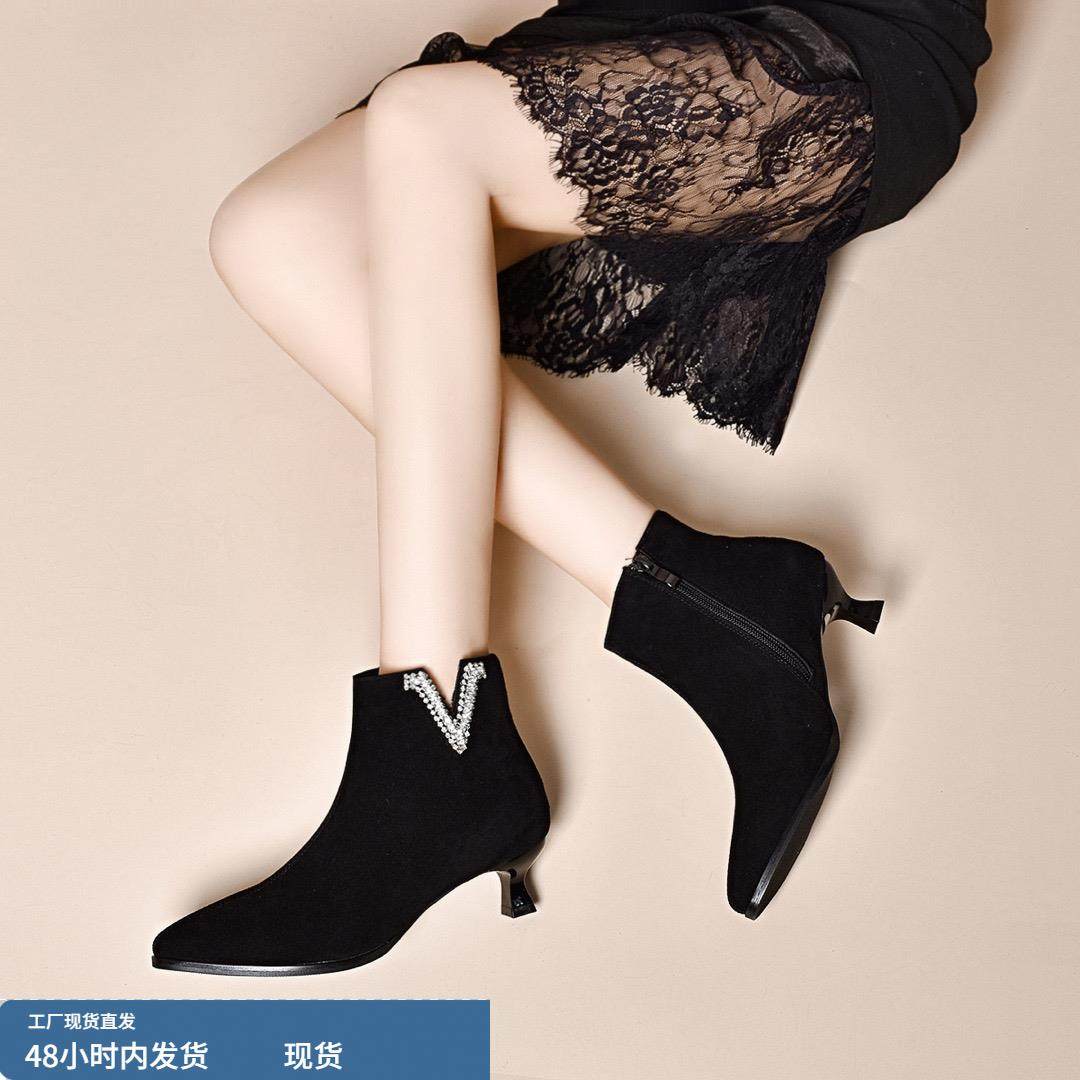 尖头磨砂皮短靴女小跟春秋单靴细跟绒面面皮靴子百搭瘦瘦靴真皮低
