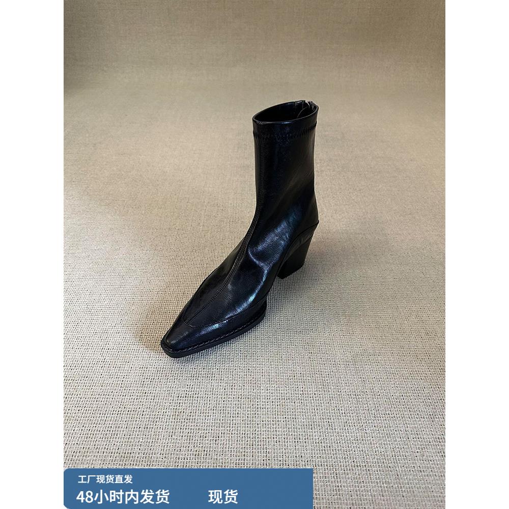 牛皮版~row风真皮尖头气质瘦瘦靴女后拉炼粗跟显瘦通勤弹力小短靴