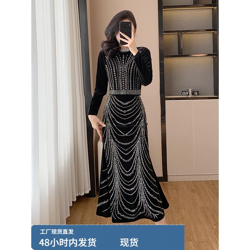 赫小本香风轻奢名媛高级覆古黑色晚礼服烫钻亮钻丝绒连衣裙两件套